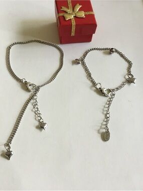 2 Pieces Sterling-Style Heart Charm Bracelet Set - Silver